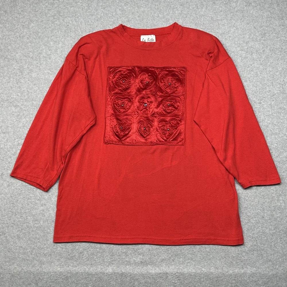 Vintage La Fête Shirt‎ Womens Large Red Velvet Heart Embroidered Top USA 90s